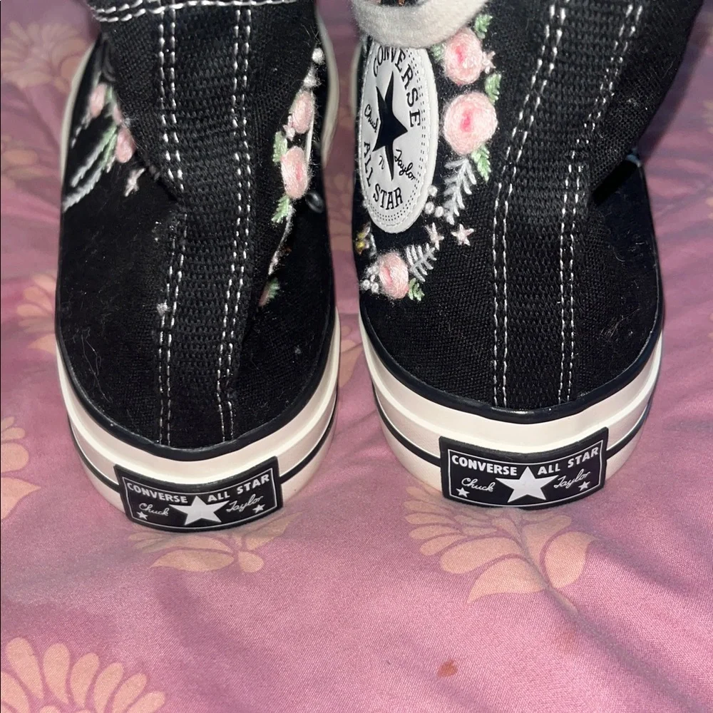 Converse Black High-Top Sneakers with Pink Floral Embroidery - Picture 4 of 6